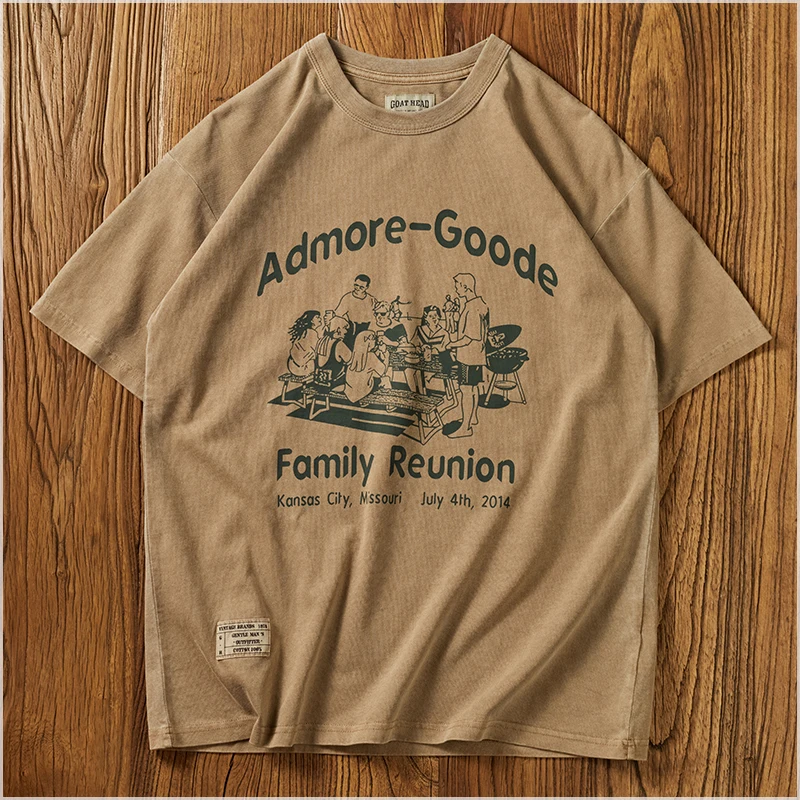 

Летняя Тяжелая футболка в американском стиле ретро 260 г с коротким рукавом и принтом в стиле милитари Мужская модная повседневная свободная футболка из 100% хлопка с эффектом потертости