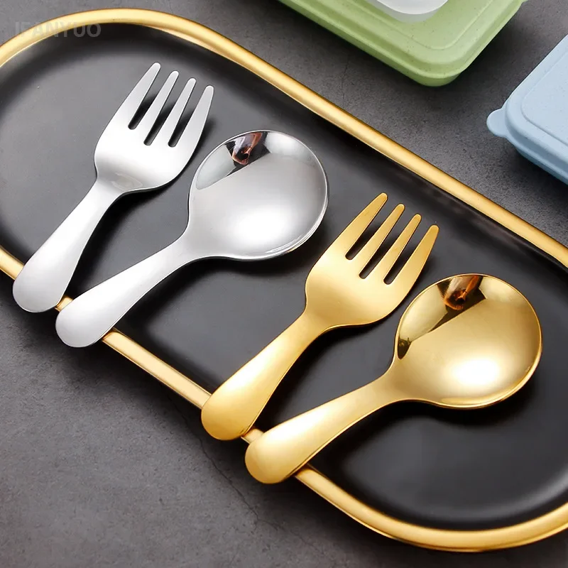 Mini portable stainless steel spoon fork set storage dessert fruit tool for work school short handle tableware suitable for kids picnic camping western style