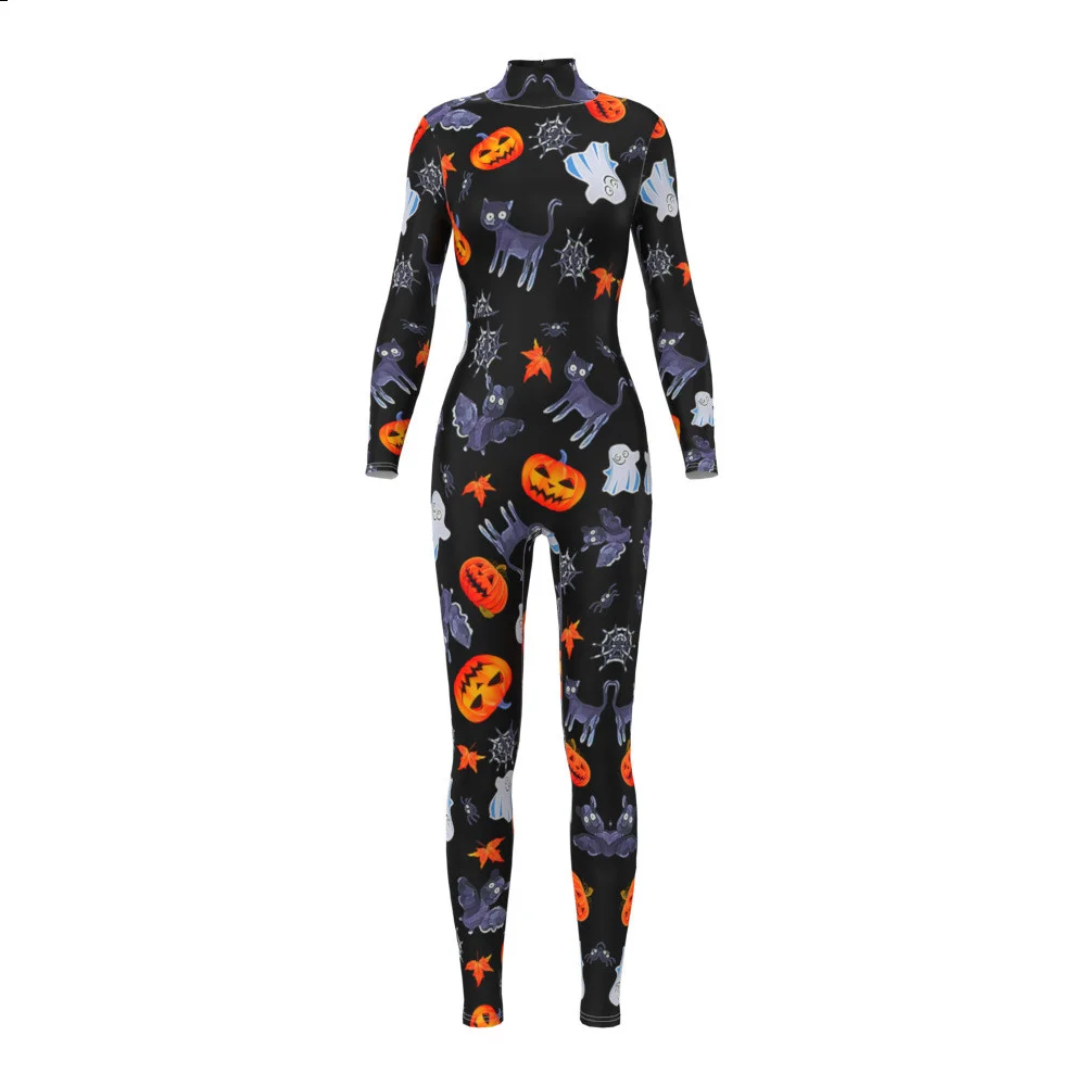 

IOOTIANY Halloween Party Cosplay Costumes Women Pumpkins and Cat Print Catsuits Adult Fashion Gothic Bodysuits Onepiece Clothing