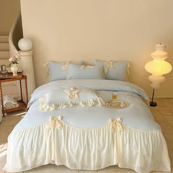 Ensembles de literie de Style princesse française, housse de couette avec nœud en dentelle à volants, vêtements de literie romantiques pour mariage, décoration de chambre de femme et de fille 1
