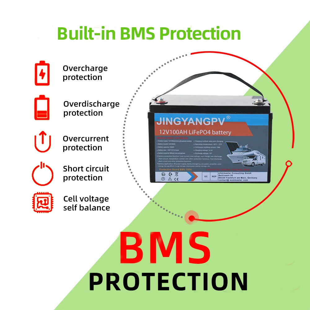 12V 100Ah LiFePO4 Lithium Battery Built-in 100A BMS 1280Wh