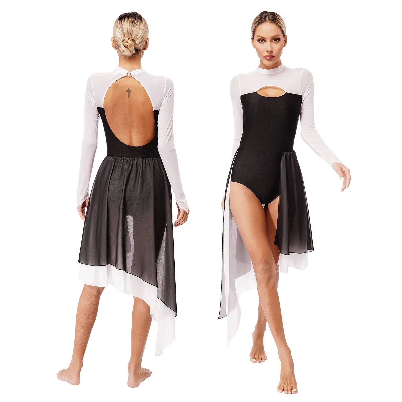 

Women Sheer Mesh Long Sleeve Lyrical Dance Dress Irregular Cutout Back Tutu Ballet Skating Leotard Dresses Ballerina Dancewear