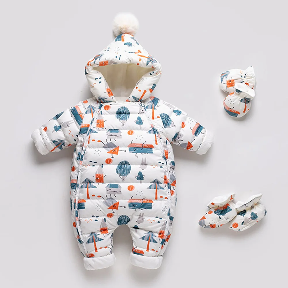 Winter baby down jacket jumpsuit newborn boys thickening outdoor hug kid clothes girls plush printed rompers hooded footies Baby Jumpsuit