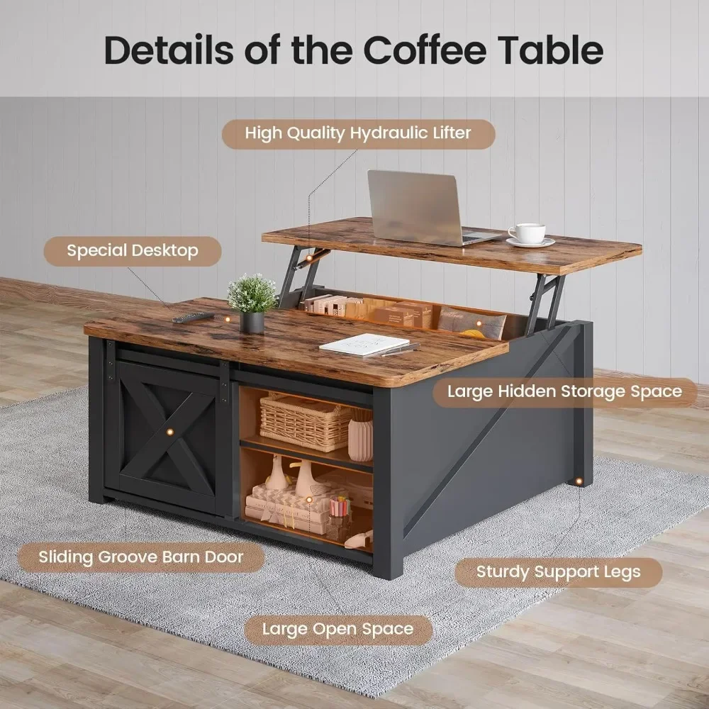 Lift Top Coffee Table with Storage, Square Coffee Table with Hidden Storage Compartment and Adjustable Shelves for Living Room