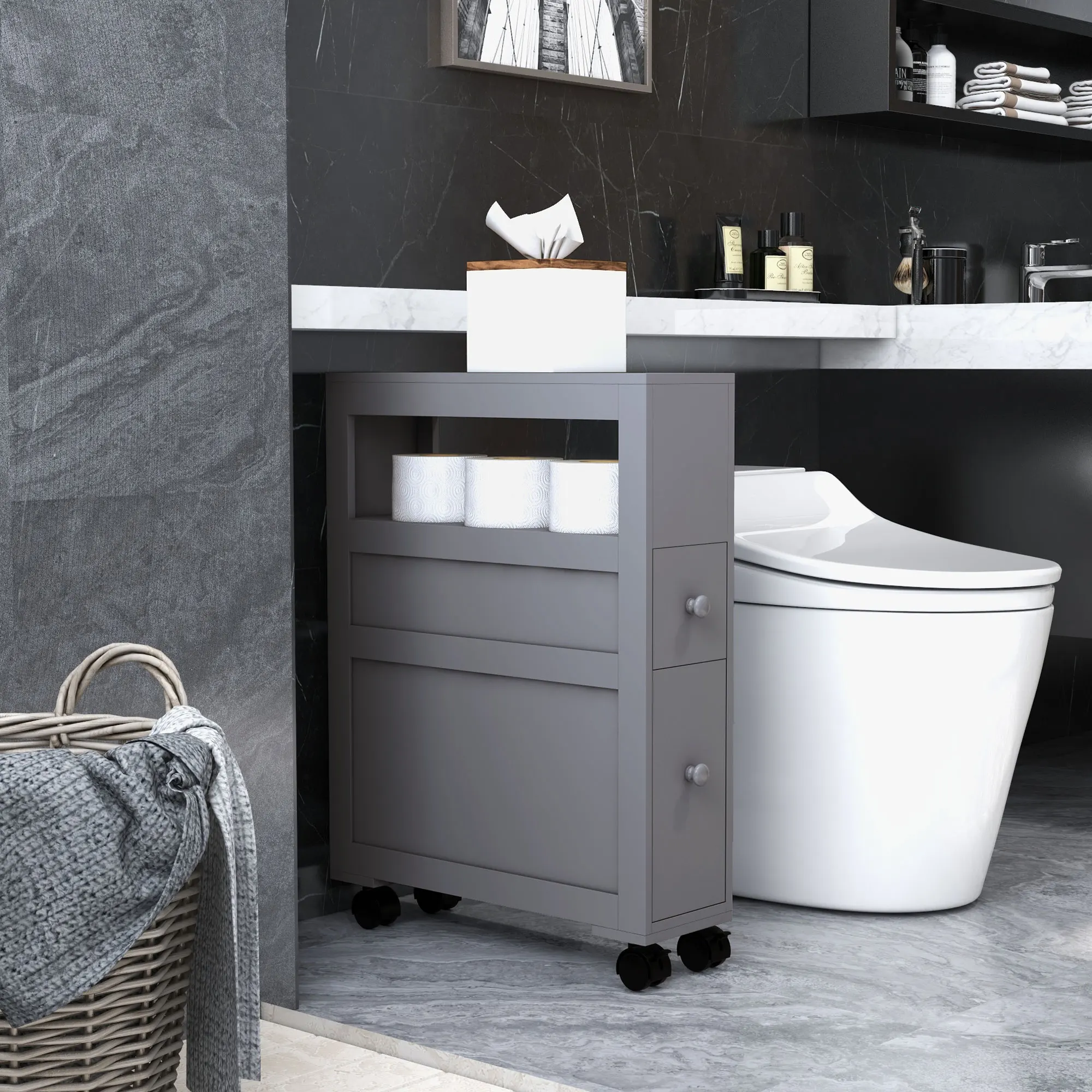 Homcom 6.25" X 20.5" X 28.25" Wood Rolling Narrow Bathroom Side Storage Cabinet - Gray 2