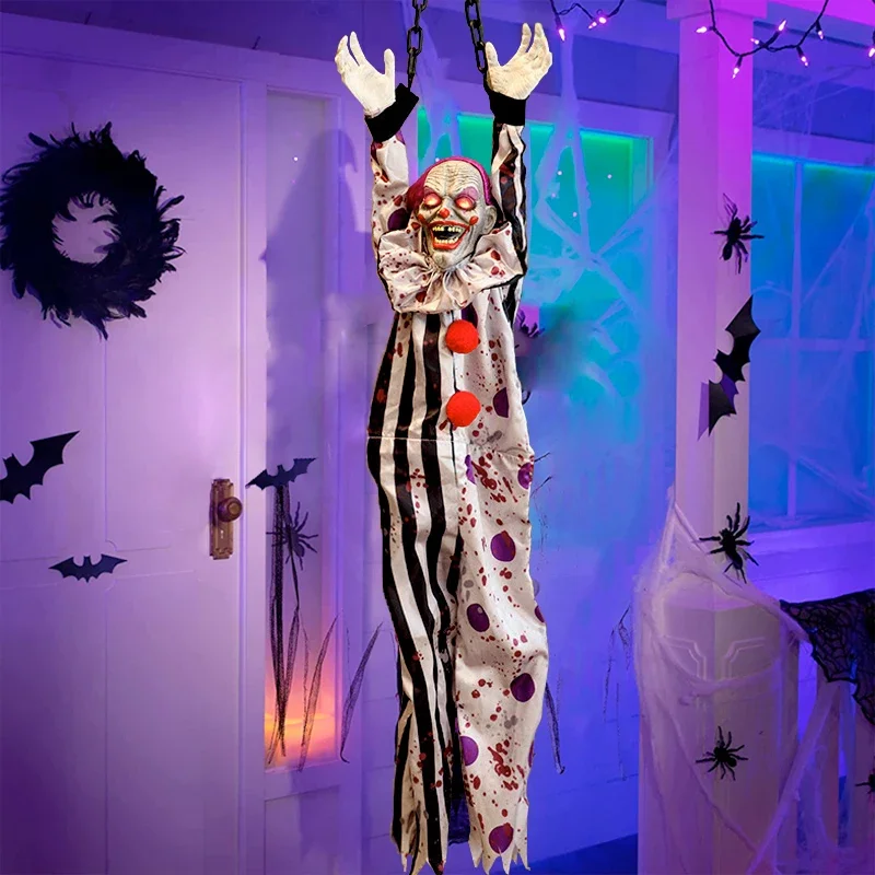 Halloween Outdoor Decoration Hanging Clown Ghost with LED Glowing Eyes Creepy Sound Clown Zombie Electric Toy Haunted House Prop