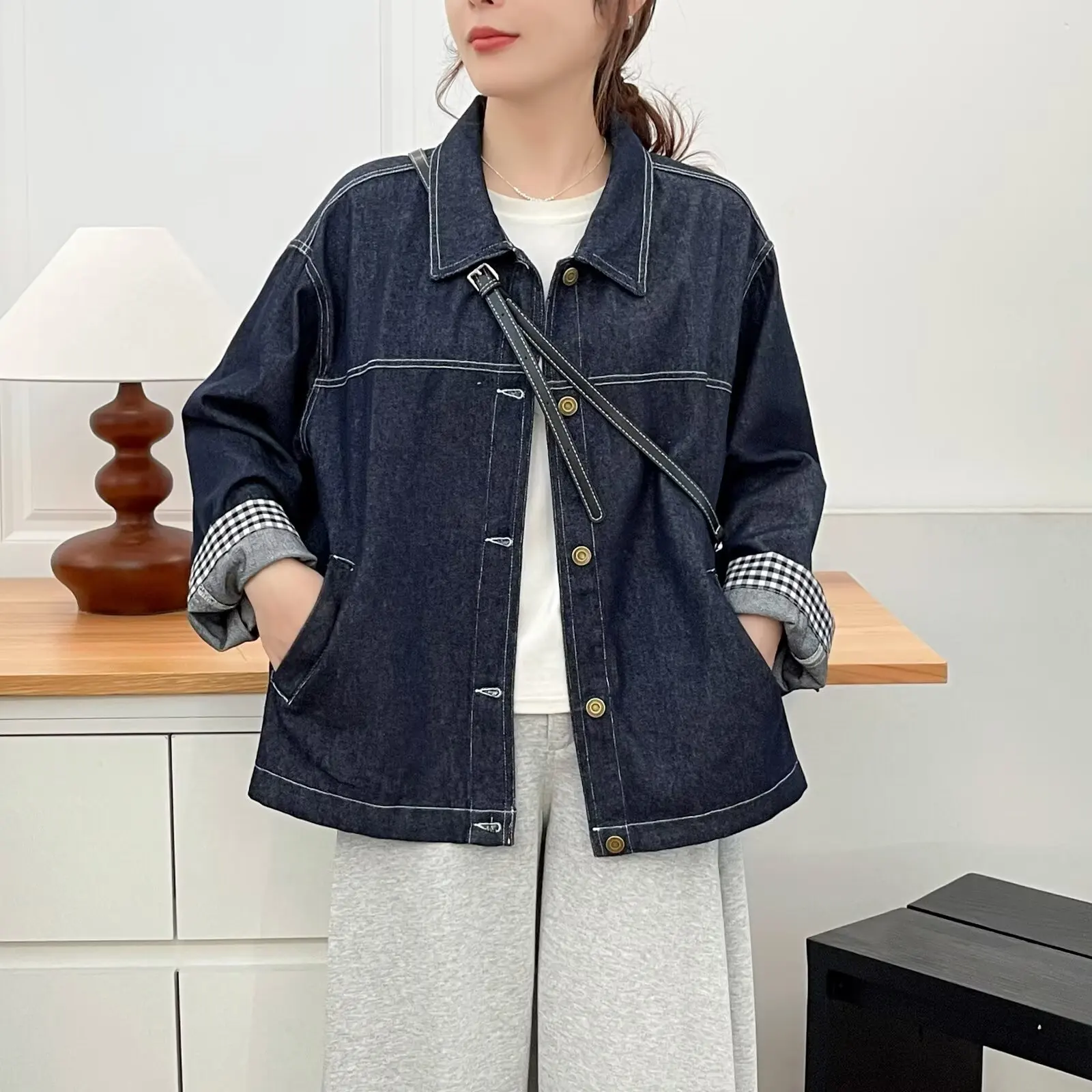 Plus Size Women's Jean Jacket Fashion Loose Cuffs Plaid Sleeve Single Breasted Denim Coat Autumn 2025