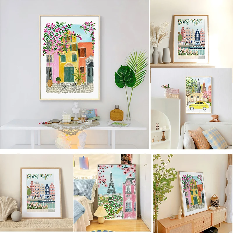 

Simple Nordic hand-painted watercolor plant and flower architecture, small town layout, living room, floor decoration painting