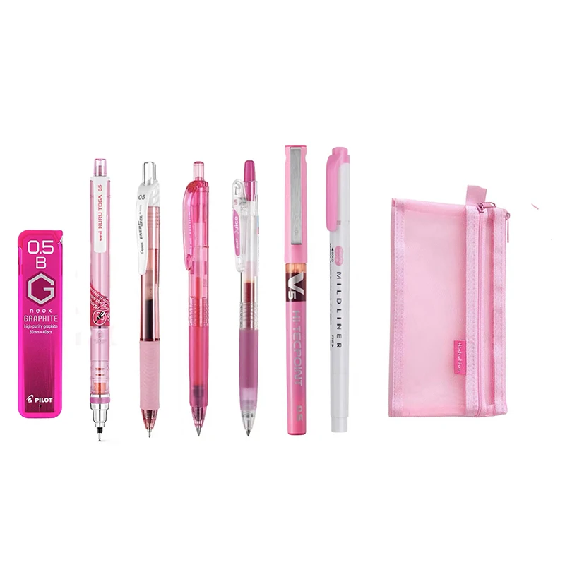 LifeMaster Kawai Pink Pen Set (4 Gel Pens 1 Mechanical Pencil & Pilot 0.5mm Pencil Lead Refills + 1 Pen Bag) Japanese Stationery