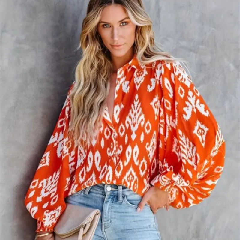 

Printed Long Sleeved Blusas Tops Fashion And Casual Lantern Sleeve Cable Tied Shirt Printing Elegant And Youthful Blouses