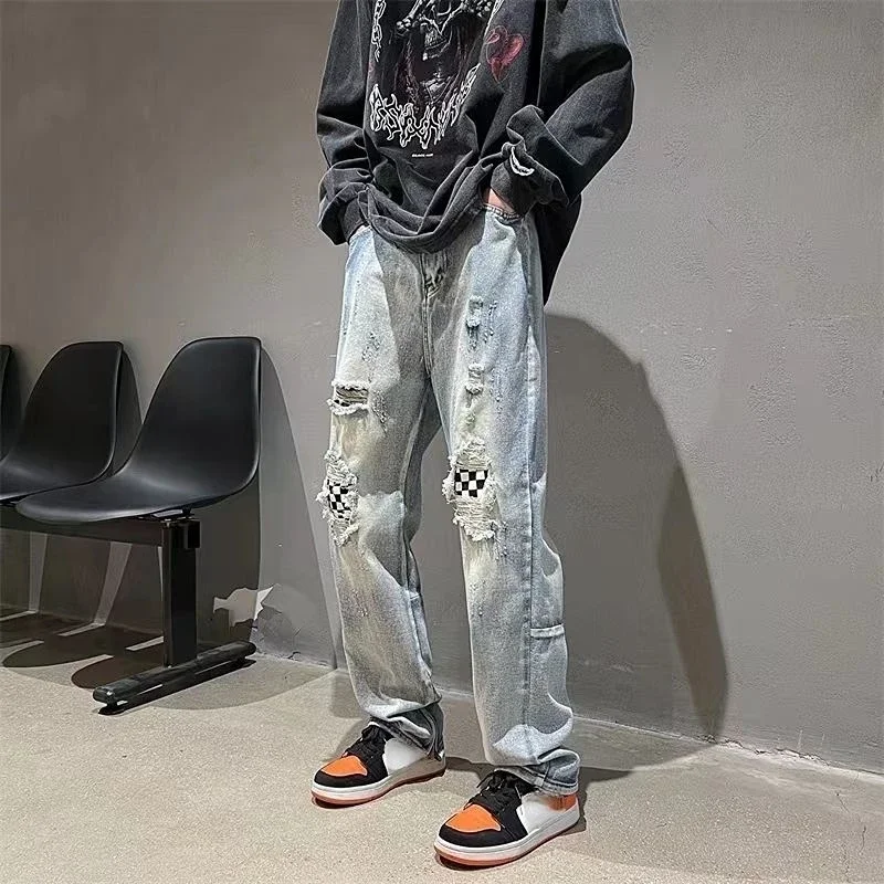 

Trousers Broken Plaid Male Cowboy Pants with Holes Torn Ripped Jeans for Men Light Blue Slits Classic Free Shipping Trend 2024