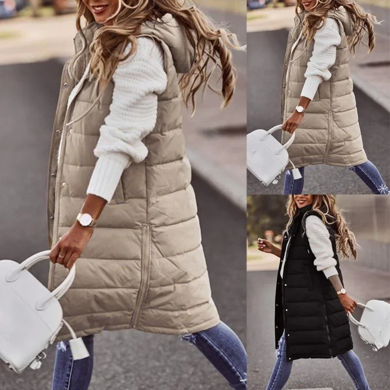Sleeveless Winter Jacket Women Midi Coats Down Vest Keep Warm Elegant Black Hooded Street Hipster Lady