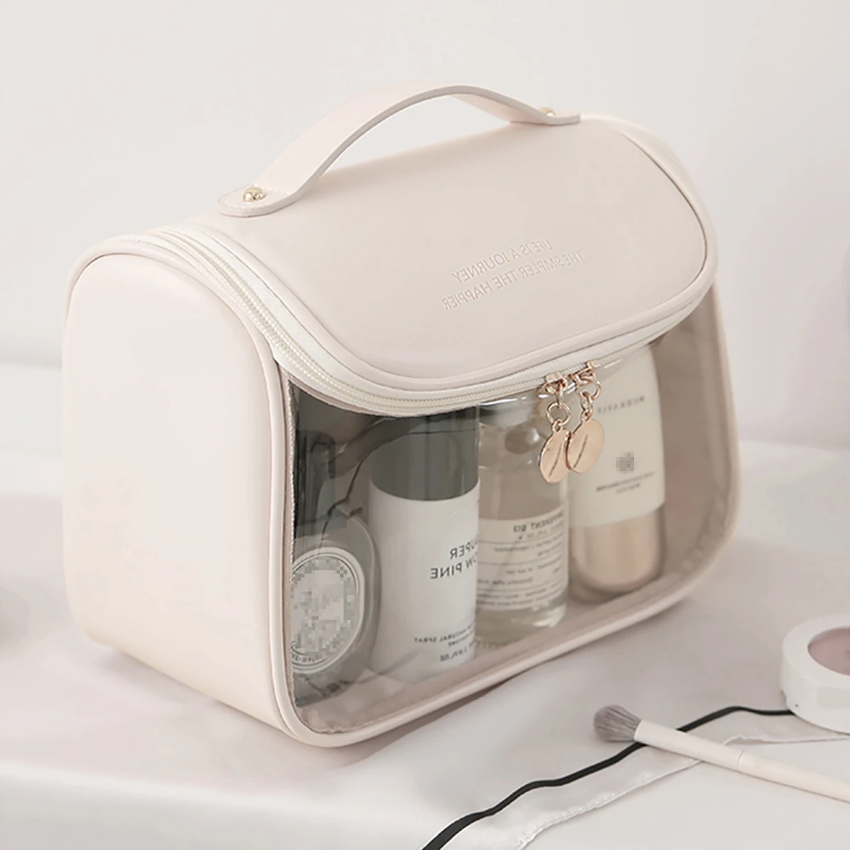 Transparent PU Cosmetic Bag with Hook Waterproof Travel Washbag Large Makepouch 3