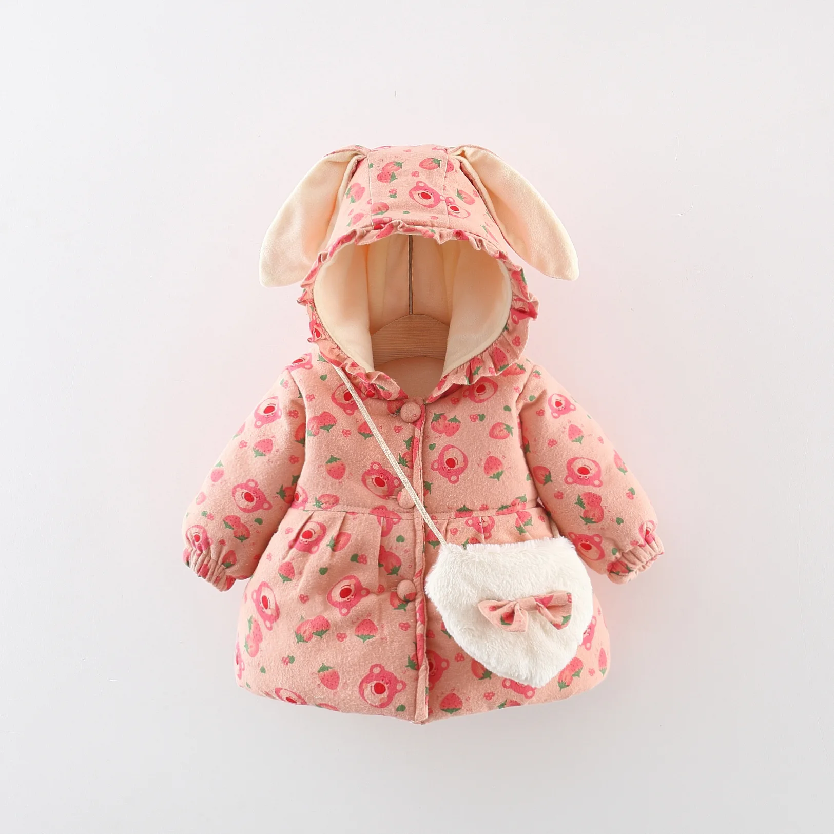 Baby Girl'S Cotton Coat Winter Teddy Bear Long Ear Cotton Coat Jacket Cute Strawberry Girl'S Clothing