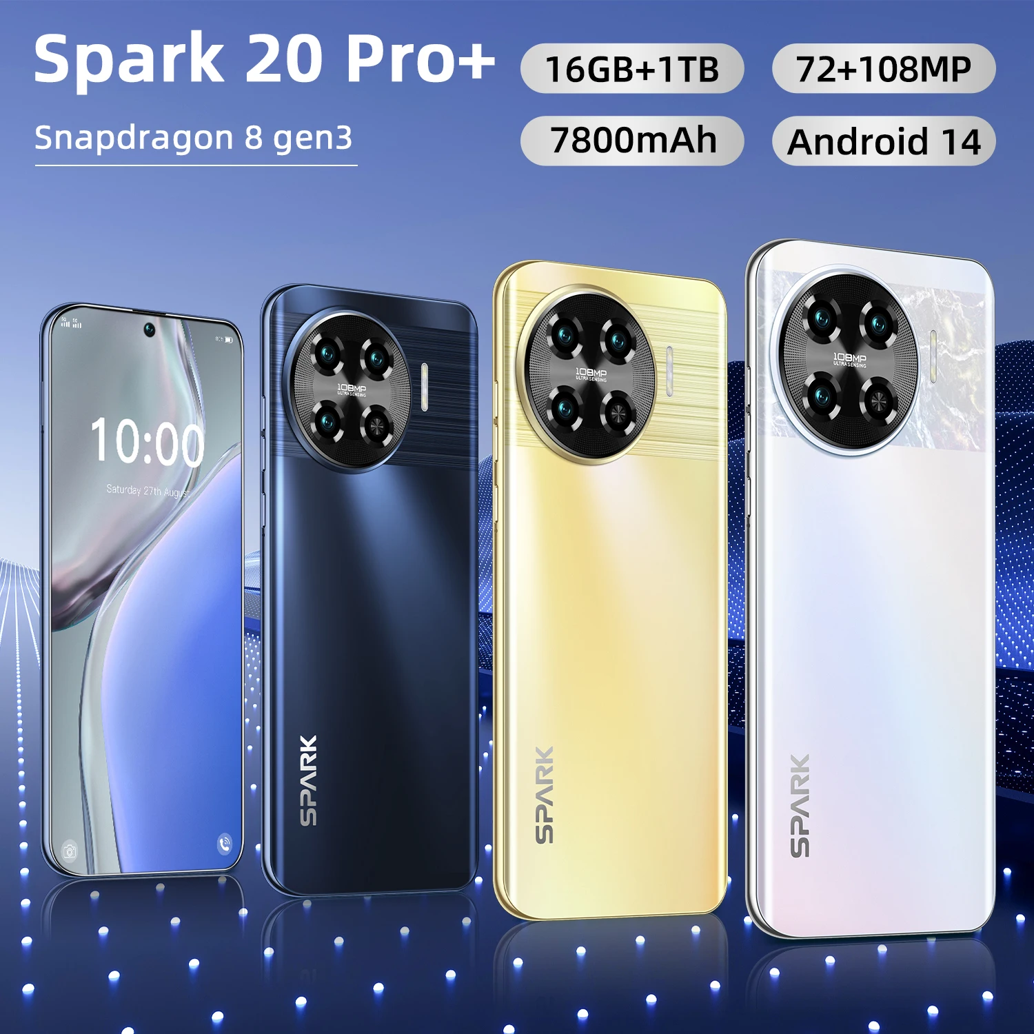 글로벌 VER 스파크 20 프로 스마트폰, 쿼드 코어, 16GB + 1TB, 7.6 인치 스마트폰, 안드로이드 13 휴대폰, 7800 mAh 배터리, 페이스 1D