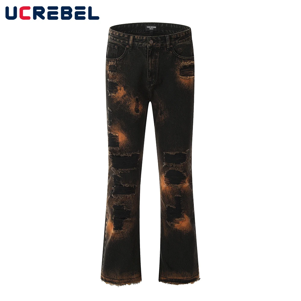 

High Street Tie Dye Flared Jeans Mens Ripped Hole Casual Streetwear Raw Edge Denim Pants Men