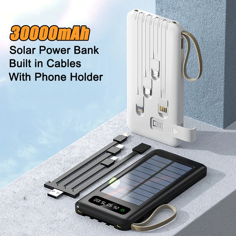 Banca Di Energia Solare Di Grande Capacità 30000Mah Con Cavi Led Light Caricabatteria Esterno Portatile Powerbank Per Iphone 12 Xiaomi