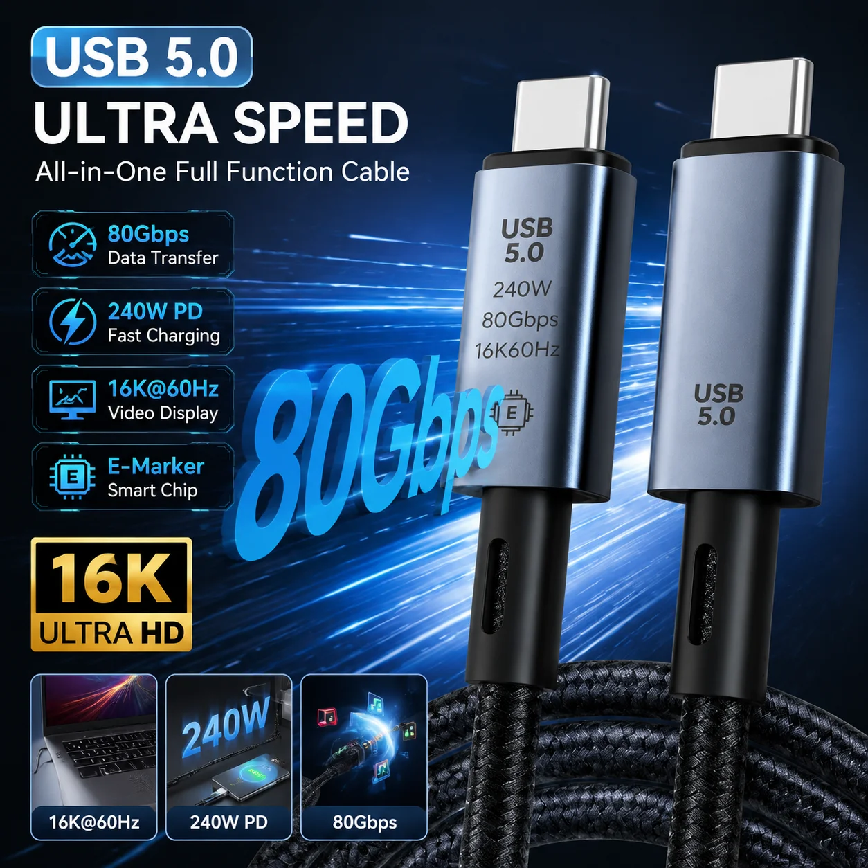Ultra-Speed 240W USB Type C to Type C Cable with Fast Charging & 16K Video Support