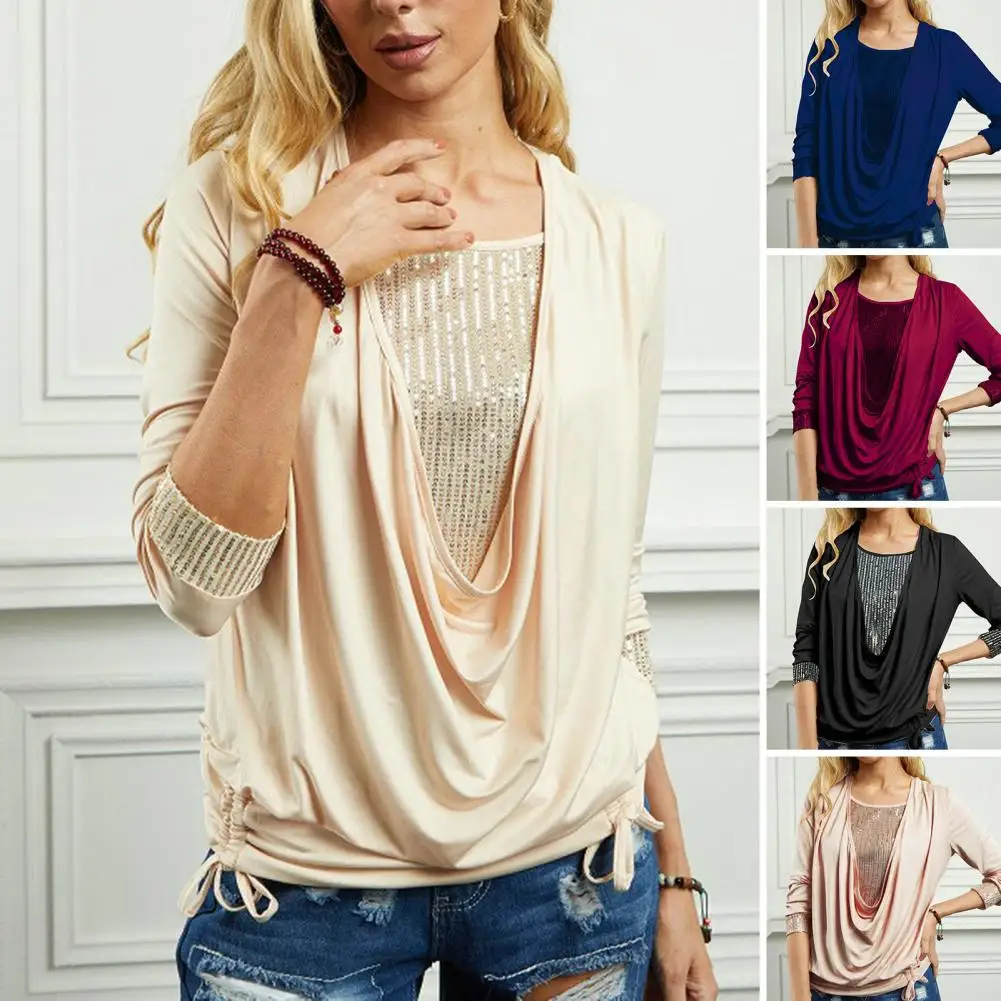 

Draped Collar Women Tops Elegant Sequin Blouse with Draped Collar Drawstring Detail Women's Luxurious Solid Color for Spring