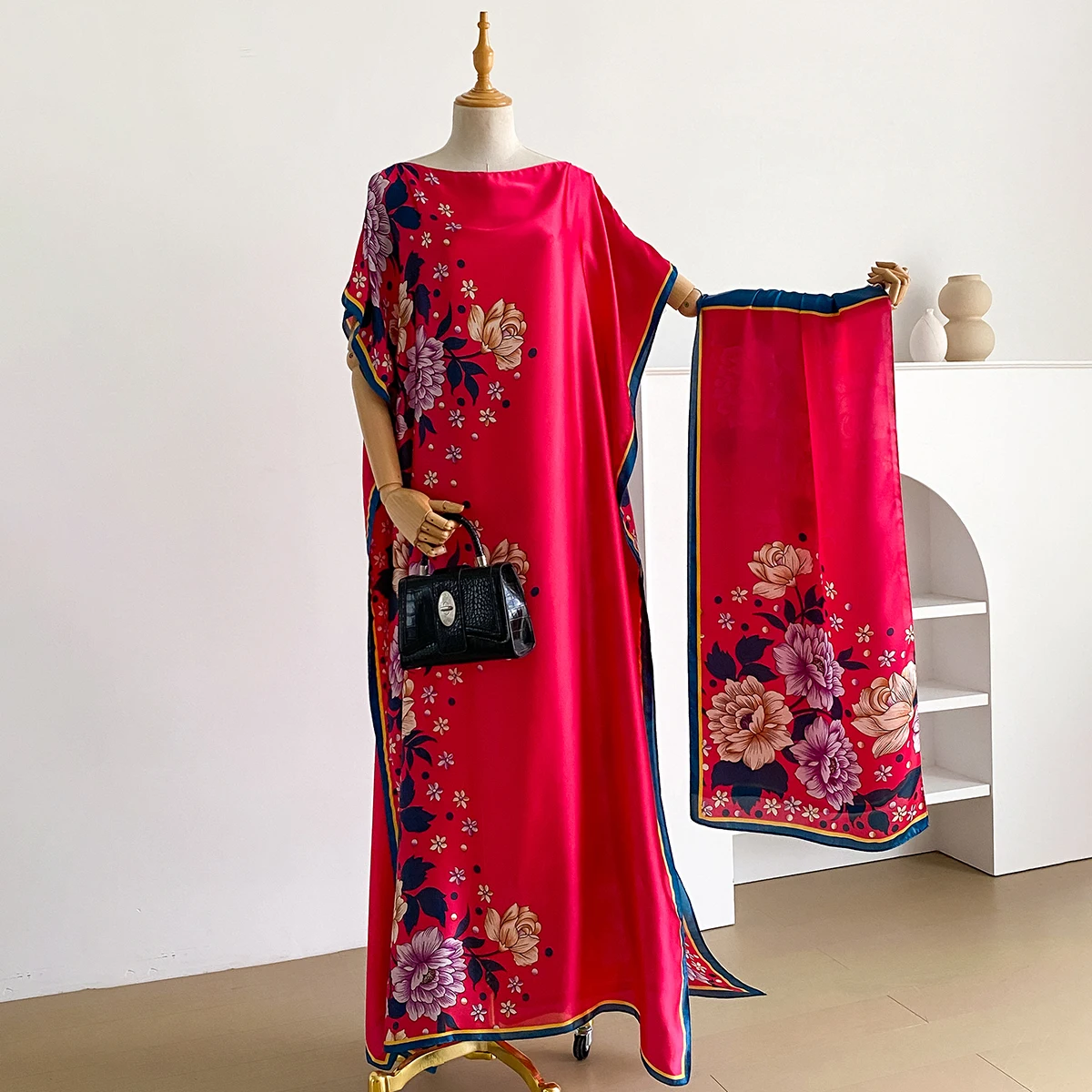 NEW Fashion Summer Dress With Big Scarf Dubai Turkey Kaftan Muslim Loose Abaya Women African Casual Maxi Flower Shawl Robe