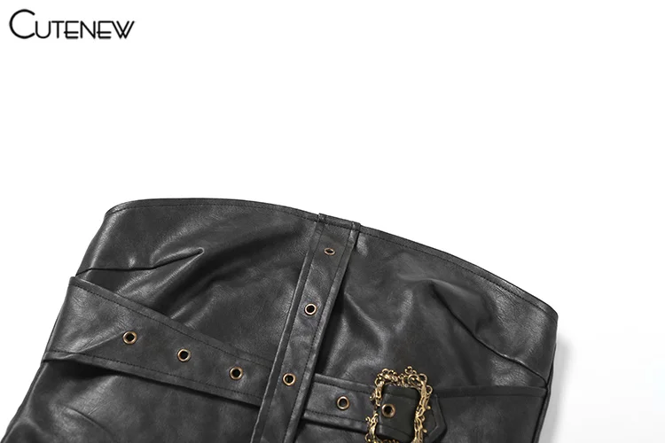 Solid Sexy Off-Shoulder Women Crop Top Vest Casual Strapless Black PU Leather Streetwear Club Party Lady Tank Top Autumn