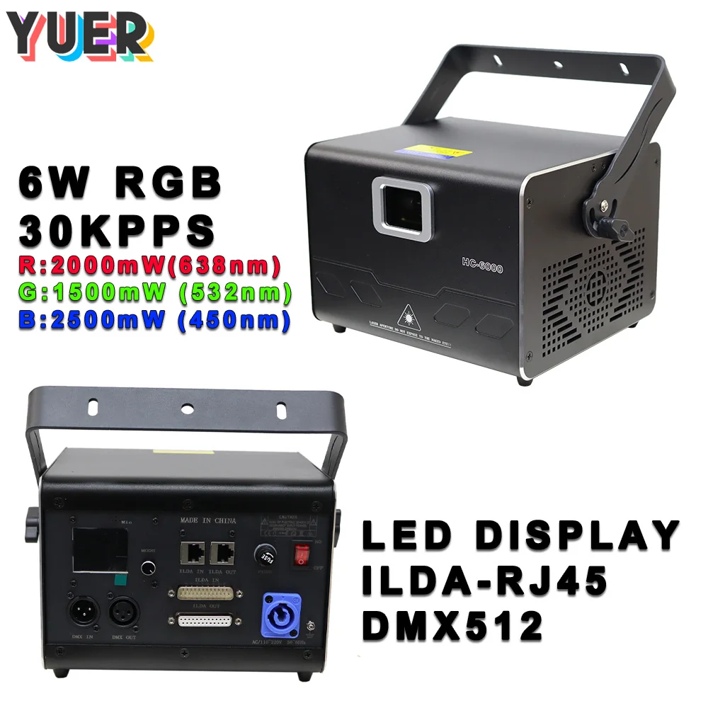 Luz láser RGB de 6W a todo Color para Dj, discoteca, boda, fiesta, Club, iluminación de escenario, ILDA RJ45, 30KPPS, proyector de haz de escáner