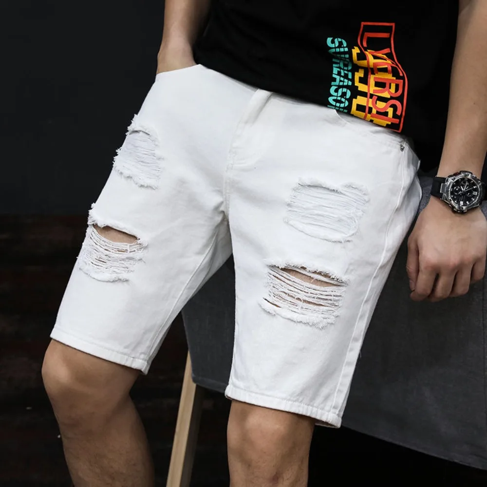 Invisible Open Crotch Outdoor Sex Summer Ripped Denim Shorts Men's Casual Jeans Streetwear Trend Five Points Pants Breeches
