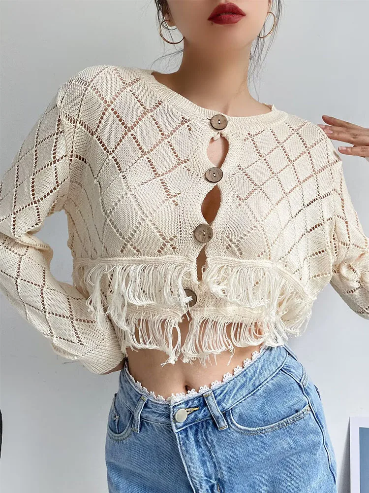 

Autumn new women's fashion European and American casual versatile long-sleeved tassel single-breasted sweater