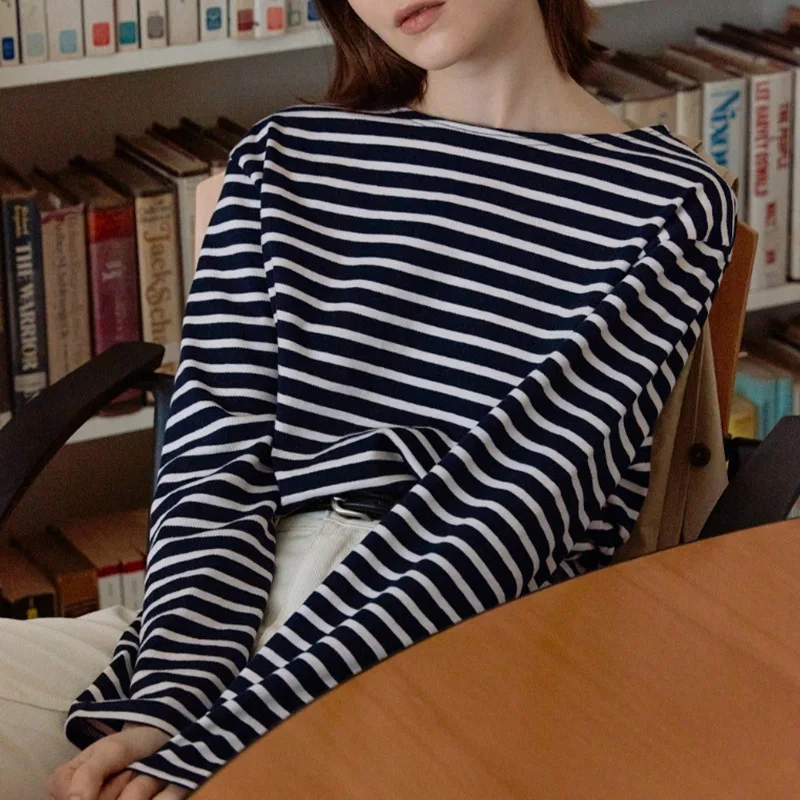 

Johnature Casual New Striped Pullover Women T-Shirts 2023 Spring Autumn Simple All Match Loose Female Render T-Shirts Tops