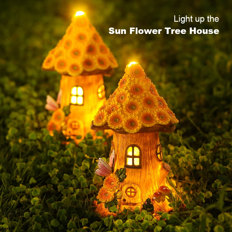 

Solar Powered Craft Miniature House Solar Led Light Outdoor Walkway Sun Flower Resin Cottage Solar Lamp Fairy Garden Decoration