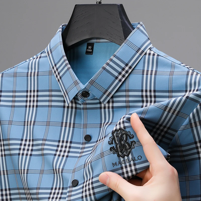 Men Ice Silk Shirt High-End Plaid Embroidery Diamond Trend Seamless Lapel Comfort No Iron Summer