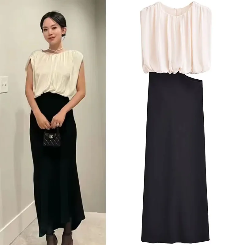 

TRAF Elegant Evening Dresses Woman Formal Occasion Sleeveless Splice Long Dresses Chic Waist Cut Out Gala Dress Korean Vestidos