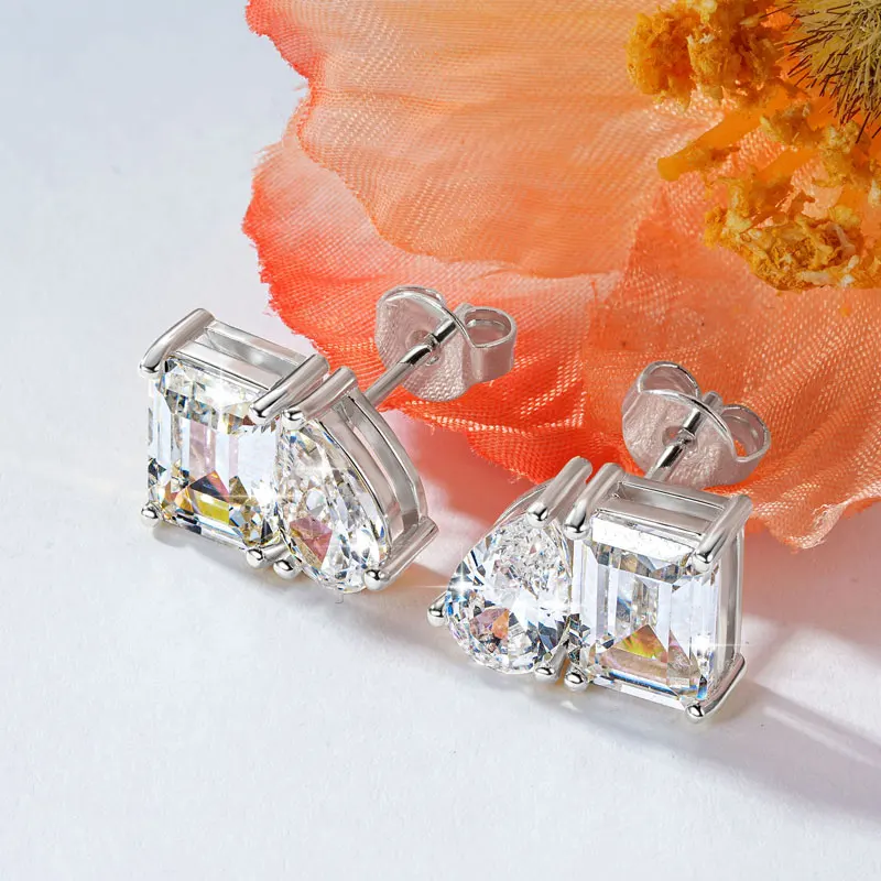 Lnngy Transparent Emerald & Pear Cut Cublic Zircon Earrings for Women Exquisite Two Stone Design Stud Earring Delicate Jewelry