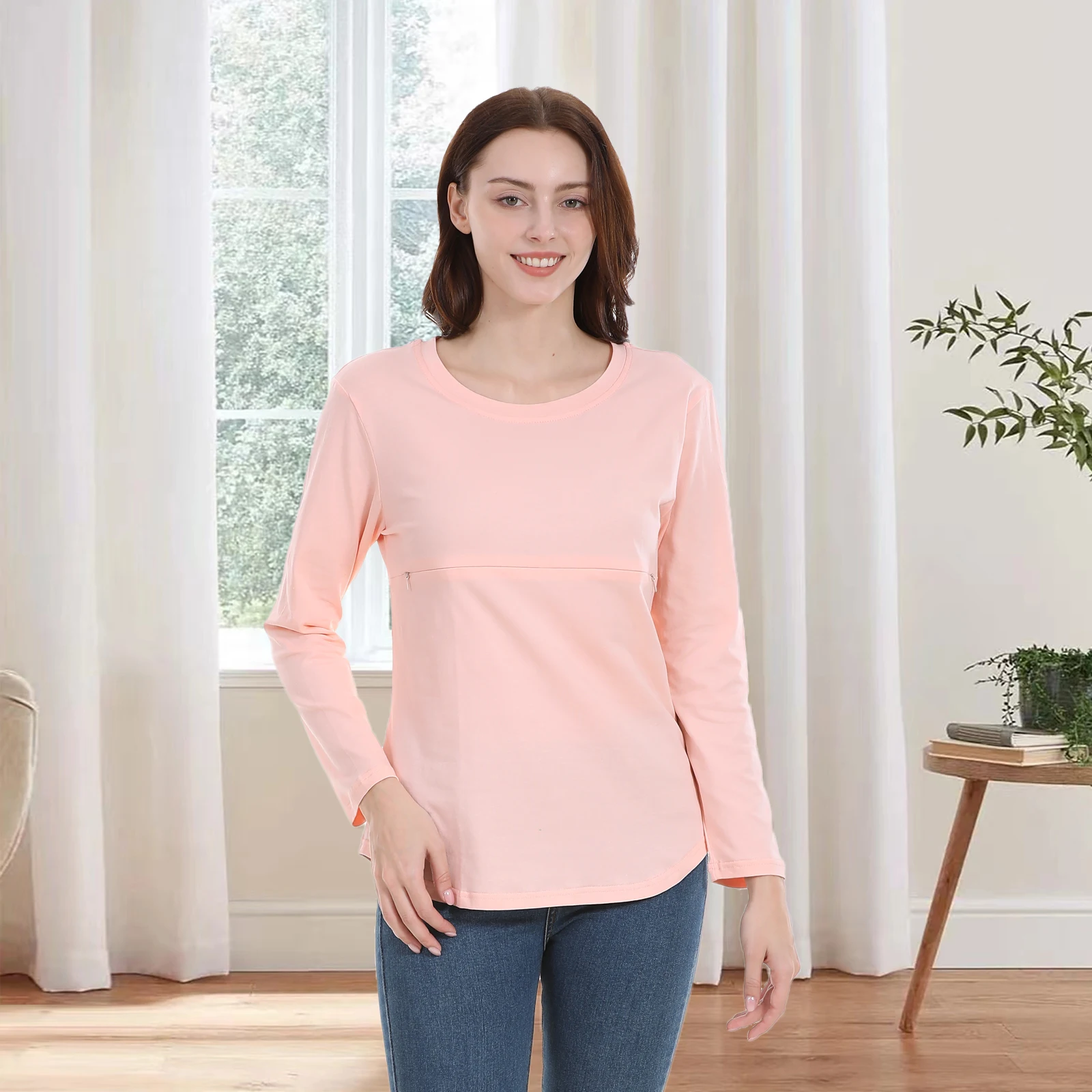 2025 New Maternity Clothes Tee Crew Neck Long Sleeve Breastfeeding Clothes Tops Horizontal Zipper Big Size Nursing T Shirts 2