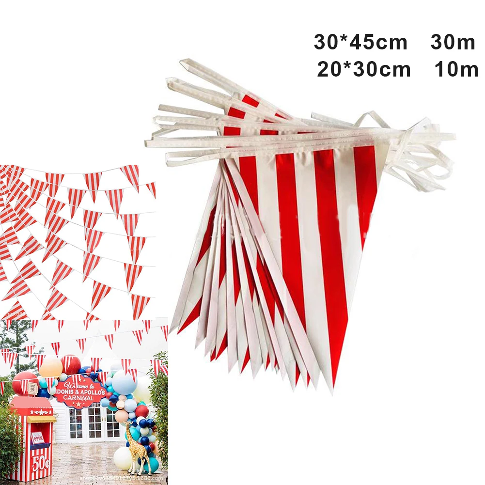 10/30M Carnival Theme Party  Flag Decorations White Striped Pennant Triangle Bunting For Circus Birthday Party Decoration