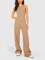 Women's Spring Summer Long Jumpsuit Casual Sleeveless Crewneck Solid Color Long Pants Female Rompers Club Streetwear Dailywear