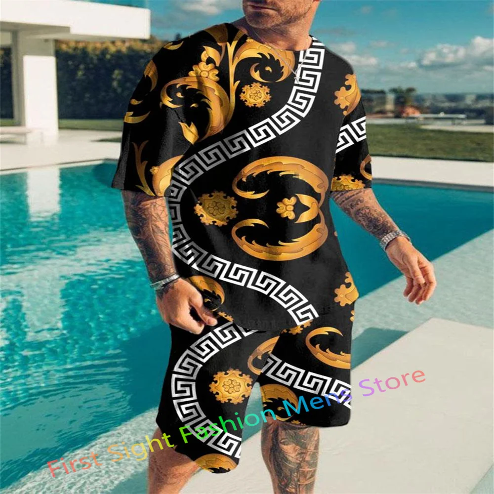 Summer Men Tracksuit Set Short Sleeve T-Shirts 2 Piece Outfit Retro Luxury Streetwear Casual Beach Suit Harajuku Man Clothes
