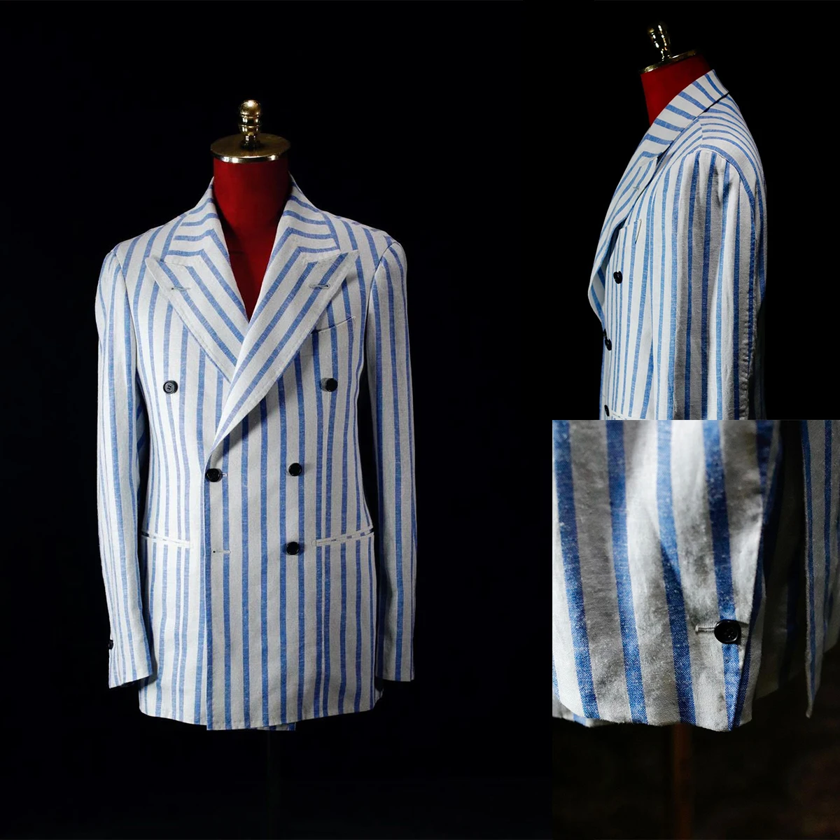 

New Style Men Suits Tuxedo Blue Pinstripe Peaked Lapel Double Breasted 1 Pieces Blazers Tailored Special Occasion