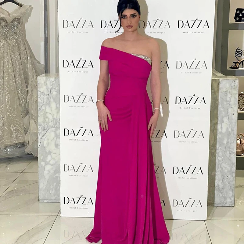 

Eightree Hot Pink Mermaid Prom Dresses One Shoulder Beadings Evening Dress Formal Saudi Arabia Cocktail Party Gowns Custom Size