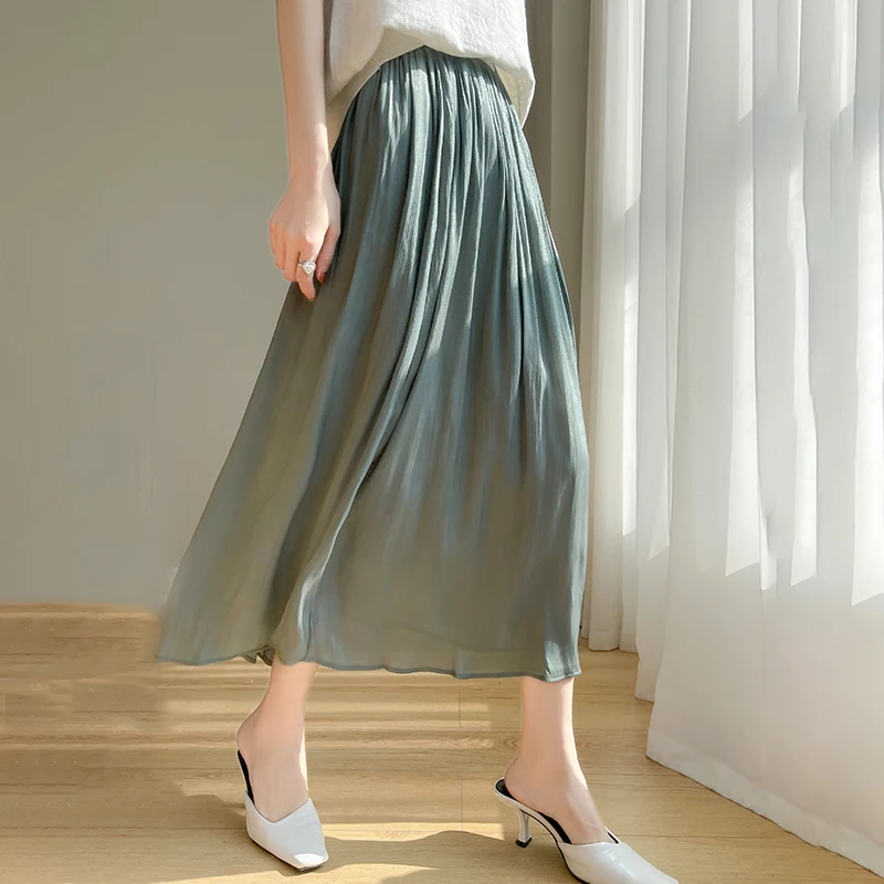 여성용 신축성 하이 웨이스트 A 라인 중간 길이 대형 스윙 스커트, 금색 원사, 얇은 백 플리츠 스커트, 여성 패션, 여름 신상