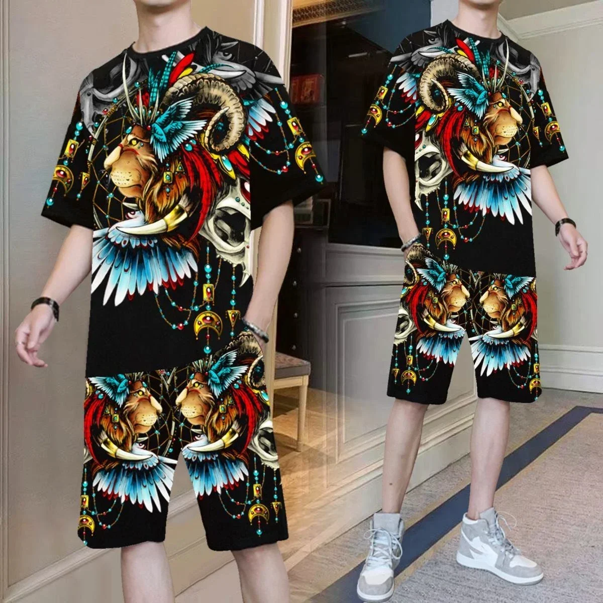 thumbnail image 1 of Conjuntos para hombre con alfabeto liso negro novedad tendencia 2024 camisetas pantalones cortos trajes para hombres ropa estilo coreano poliéster camiseta elástica, 1 of 5