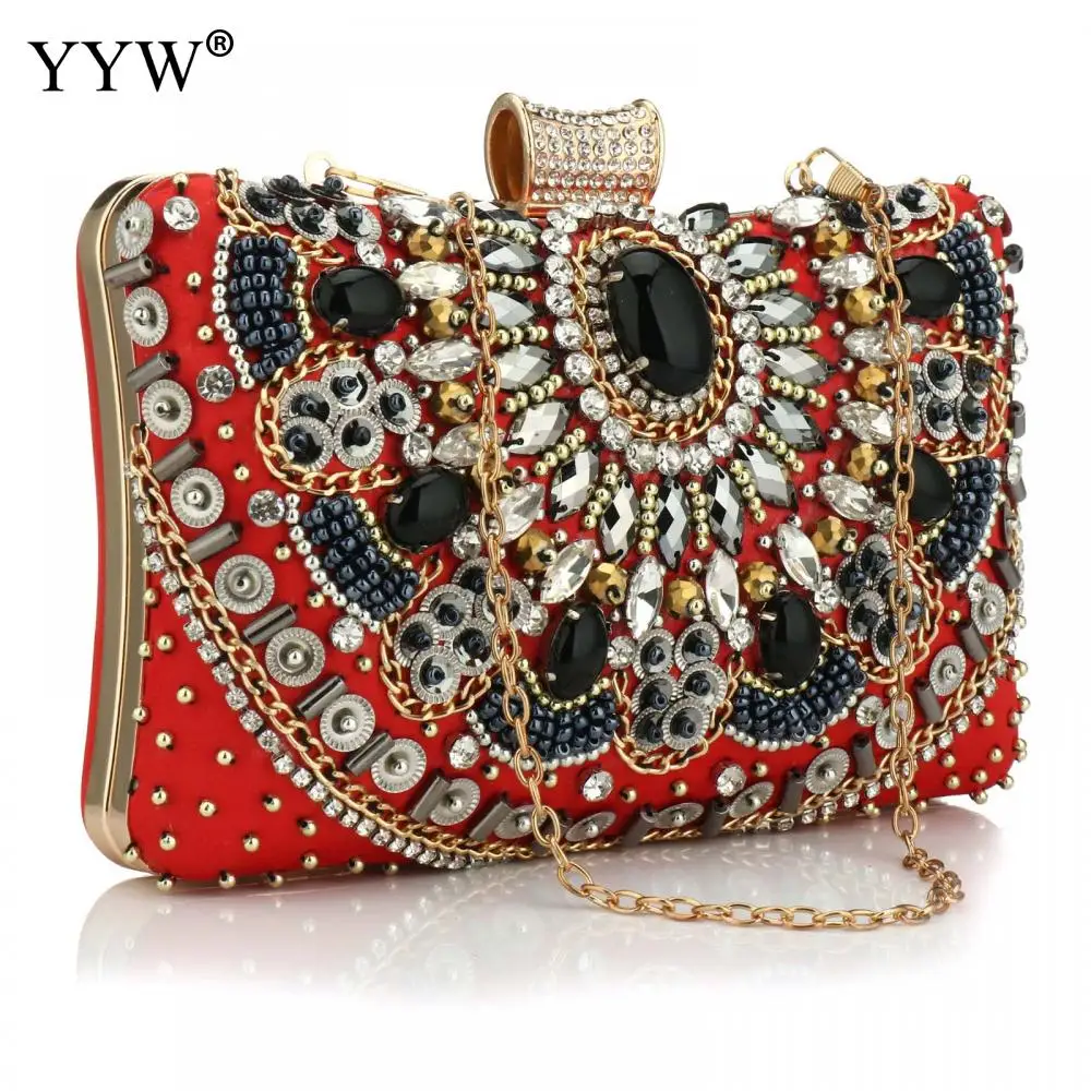 Luxury Handmade Beaded Evening Clutch Bag Inlaid Gemstone Diamond Designer Lady Party Wedding Purse Soft Satin Women Handbags