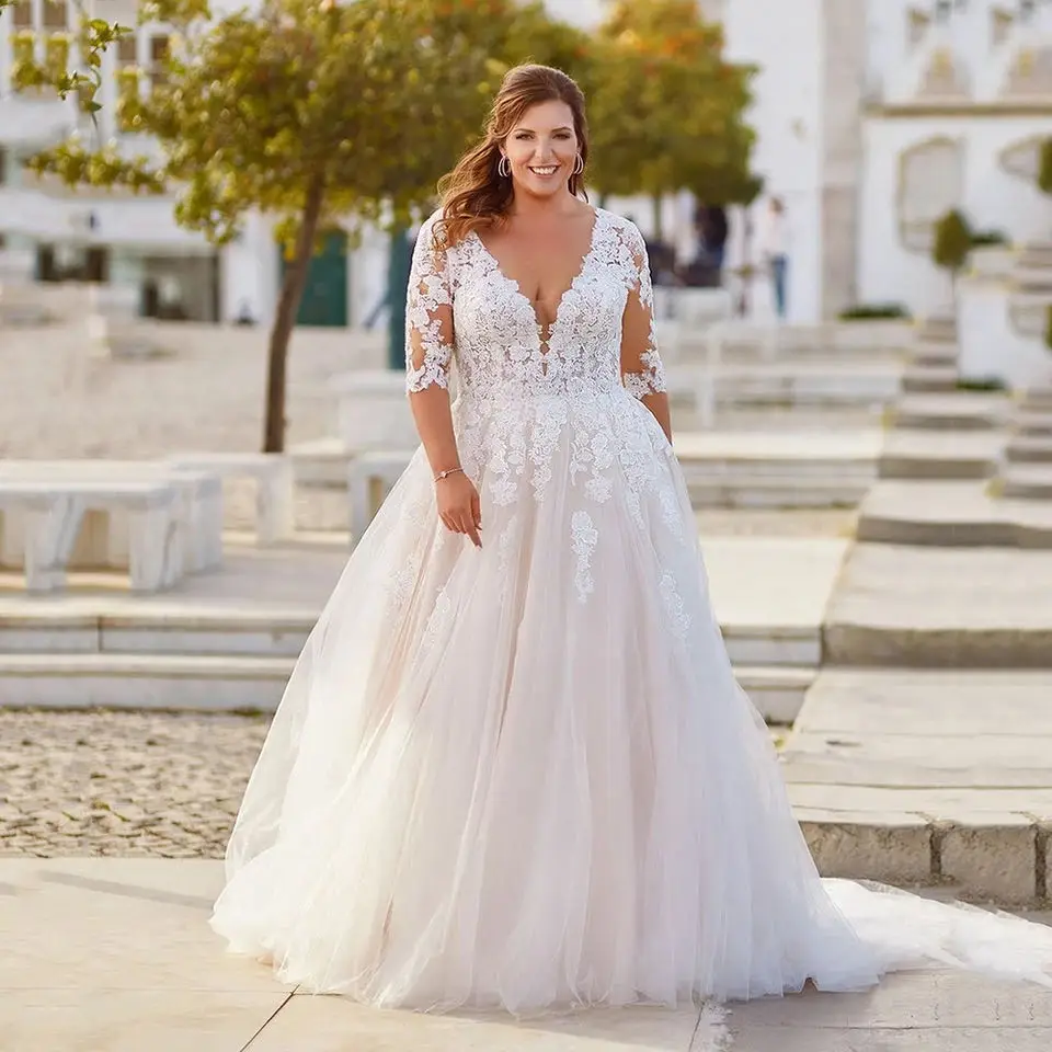 

Wedding Dresses Plus Size Lace Up Backless Beach Vestidos De Novia Appliques Half Sleeves Vestido De Noiva