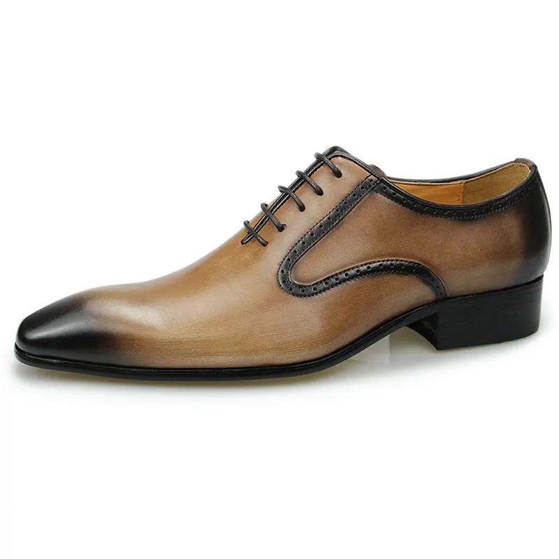 Men Shoes For Formal Business Dress Suits Handmade Genuine Leather Oxfords Footwear Wedding Party Black Khaki Color
