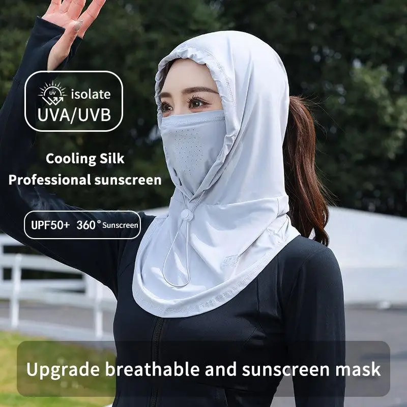 아이스 실크 썬햇 여성용 UV 차단 조절 가능한 넓은 챙 모자, 목 스카프 포함, 야외 여름 여행 해변용