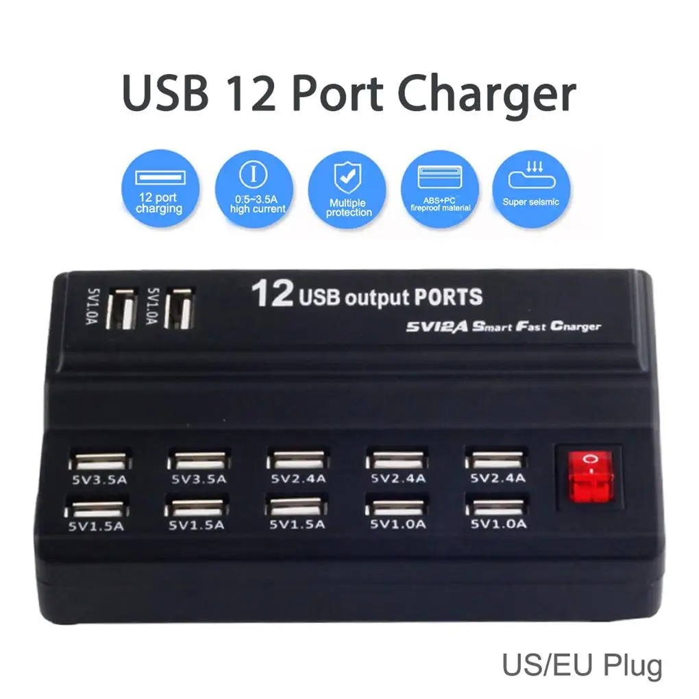

Smart 12 Ports USB Phone Charger 60W Charging Station Socket Tablet Wall Travel Household Office Power Chargers Device