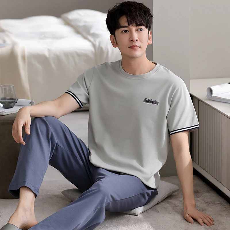 2024 Pajamas men's summer pure cotton short sleeved long pants casual men's home clothing pajamas summer thin all cotton set pajamas set women pure cotton gauze short sleeved ladies nightwear with shorts thin comfortable cool two piece summer home wear