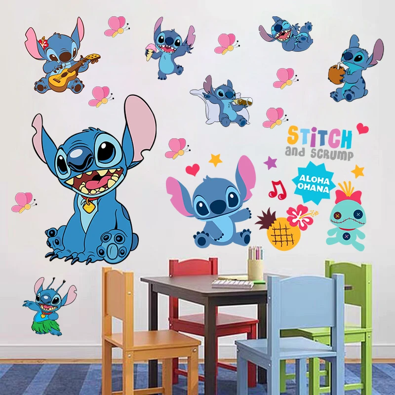 Wall Stickers Cartoon Lilo & Stitch Movie Wall Stickers For Kid's Room Kindergarten Living Room Wall Decoration Animated Poster Art Mural