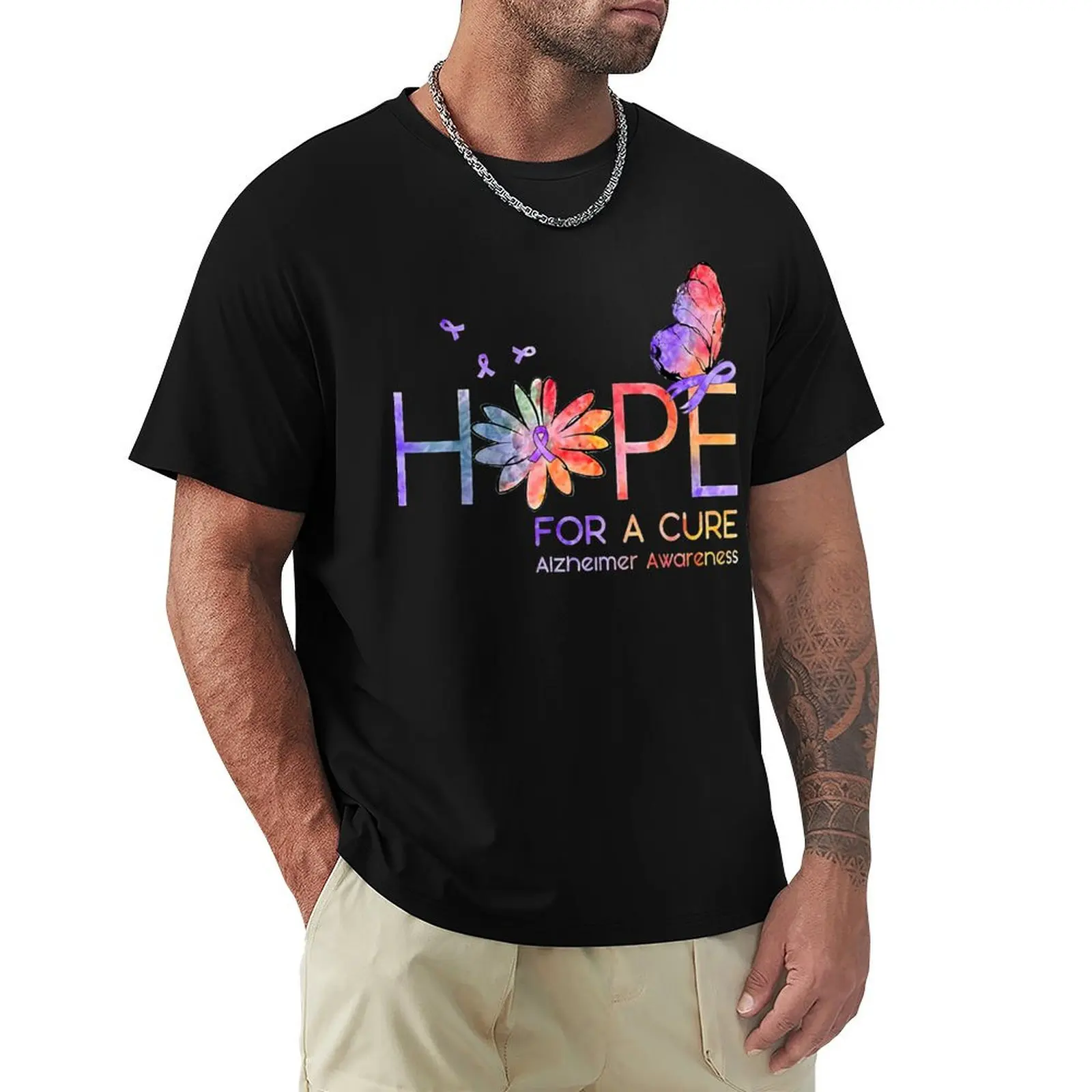 

Alzheimer Awareness Hope For A Cure Alzheimer Awareness Flower Gift T-Shirt summer clothes aesthetic clothes Men's clothing