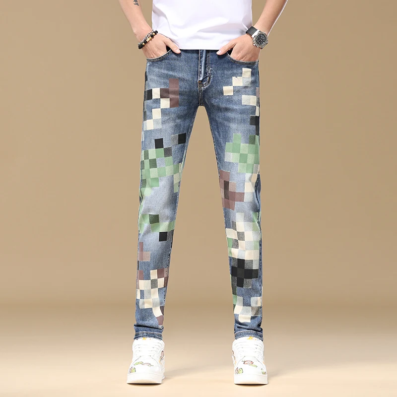 High-end summer light-colored men's jeans slim fit ankle-tied trendy versatile embroidered printed casual pants men's spring